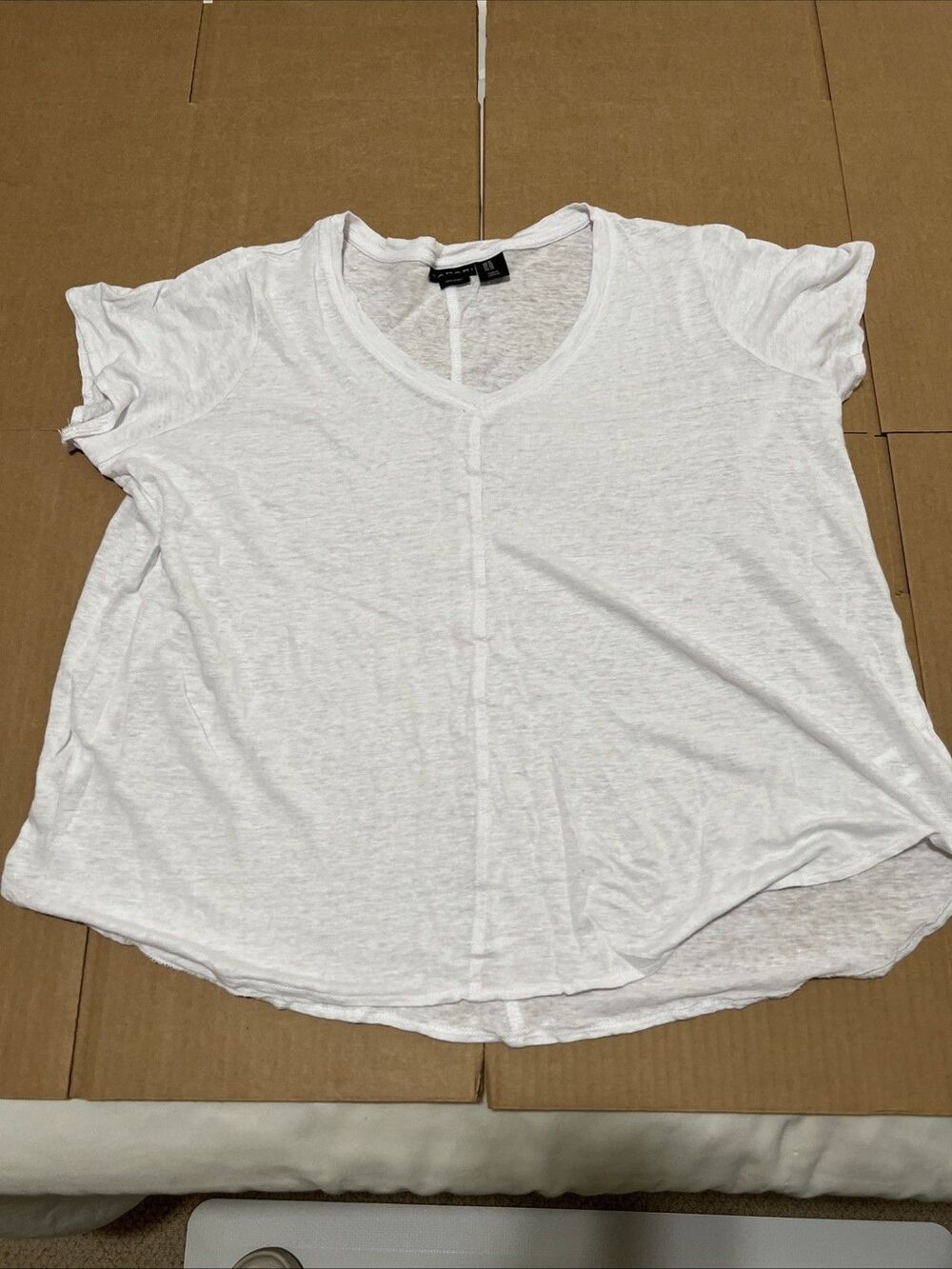 Tahari 100% Linen Lagenlook Boxy Top Plus Size 1X White Short Sleeve Semi-sheer